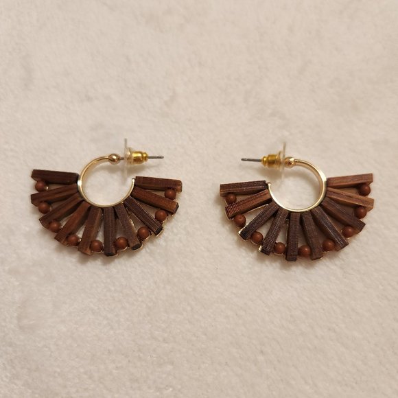 Jewelry - Brown Wood Slat/Bead Half Hoop Gold Tone Earrings